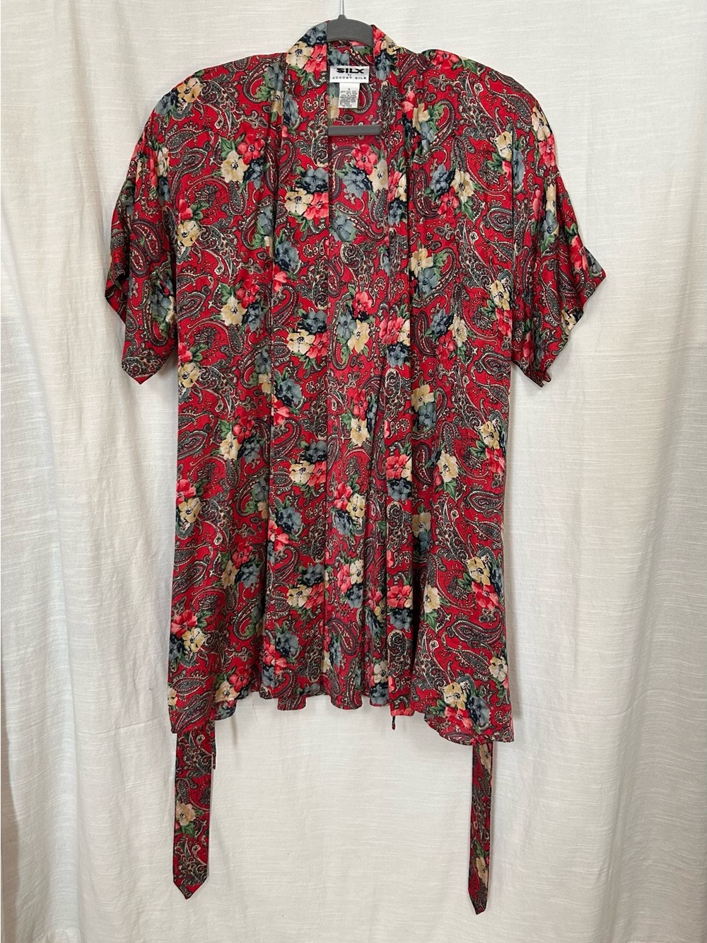100% Silk Vintage august silk Floral Paisley Tie-Waist Mini Slip Dress & Robe‎
